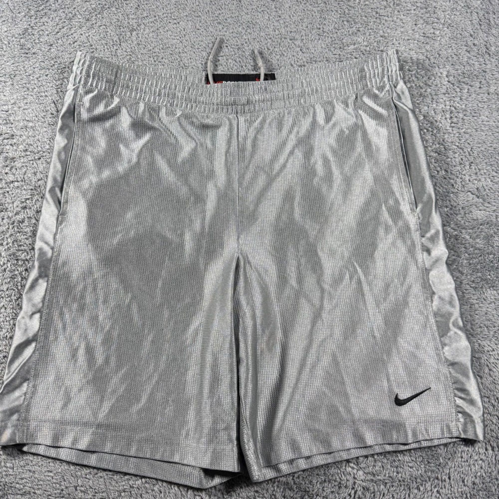VTG Y2K Nike Basketball Dazzle Shorts Mens Large Silver Metallic Athletic Swoosh